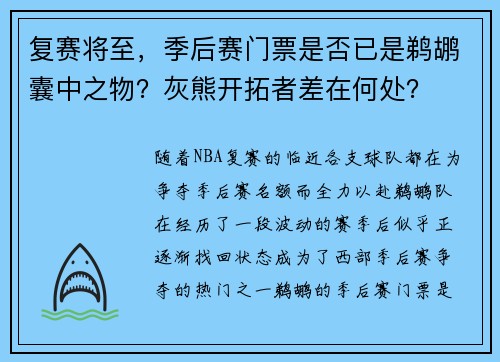 复赛将至，季后赛门票是否已是鹈鹕囊中之物？灰熊开拓者差在何处？