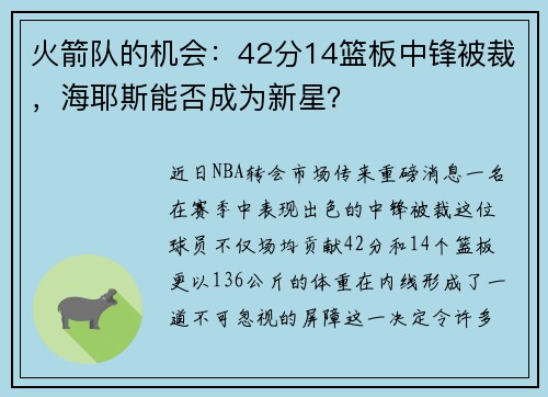 火箭队的机会：42分14篮板中锋被裁，海耶斯能否成为新星？