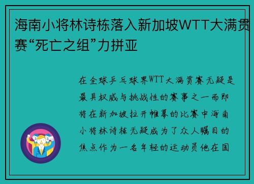 海南小将林诗栋落入新加坡WTT大满贯赛“死亡之组”力拼亚